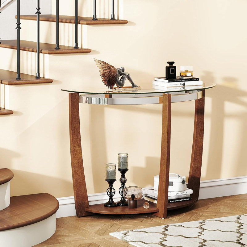 2-Tier Half Moon Entryway Glass Console Table