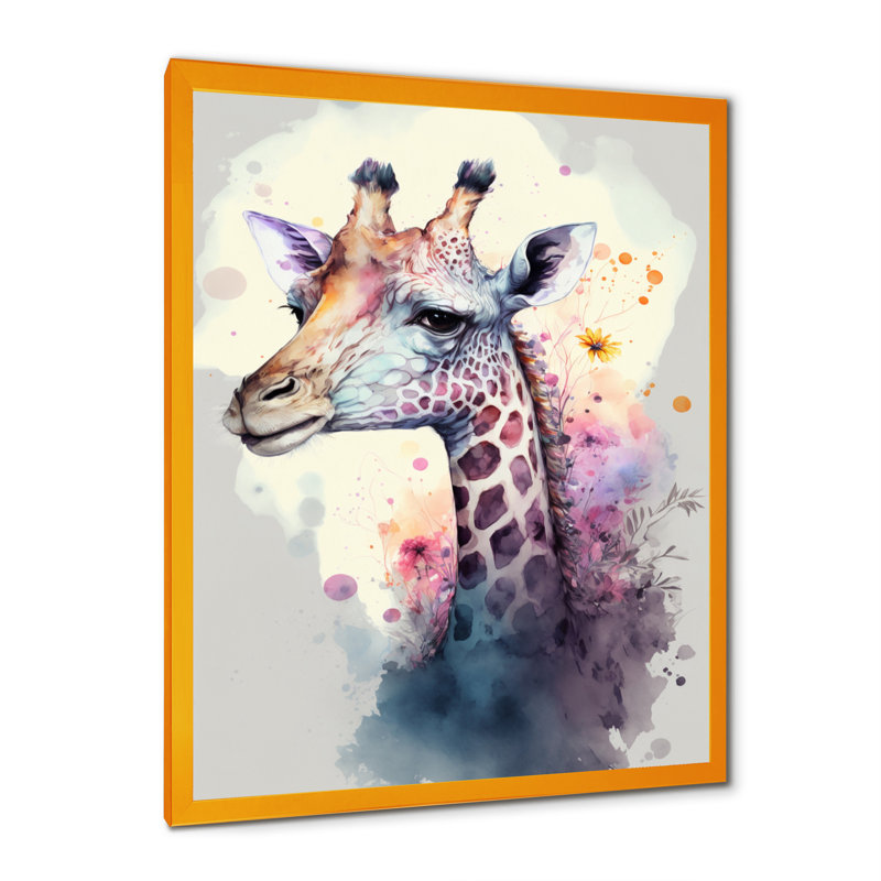 «Cute Giraffe Floral III», impression sur toile, H 20 po x l 12 po x P 1 po, Cadre photo doré
