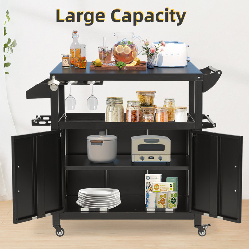 Black Steel Outdoor Grill Cart with Storage Cabinet and Wheels
