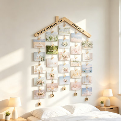 Photo Display Board 63 x 90 cm with Rope and 30 Small Memo Clips Collage for Home Decoration