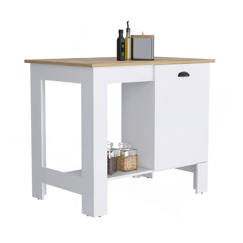 Îlot de cuisine H 35 po, une armoire de rangement avec porte, deux tablettes internes, une tablette de rangement ouverte, blanc / macadamia