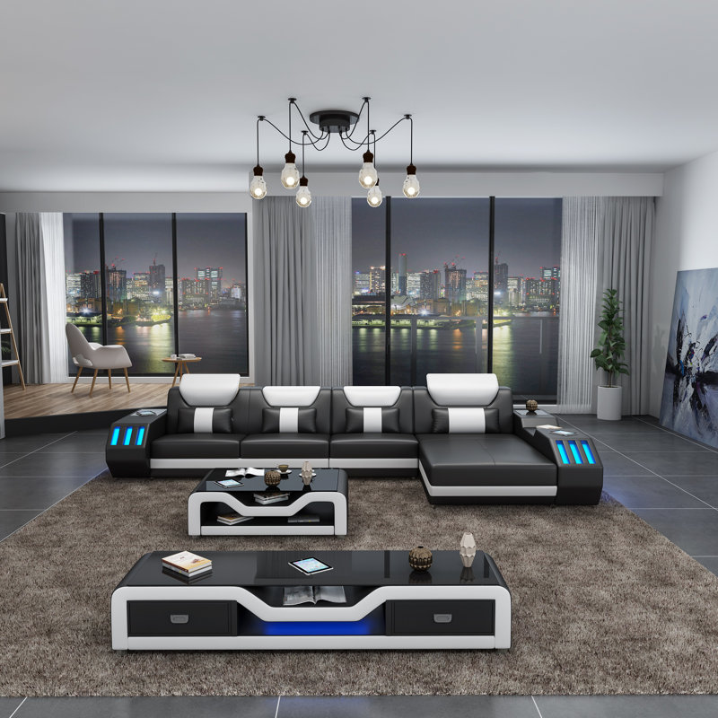 Starfighter Sectional, Black/White Genuine Leather, Right Hand Facing