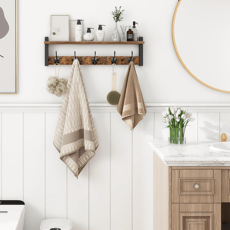 24'' Rustic Brown Wall Mounted Coat Rack with Shelf and Black Hooks