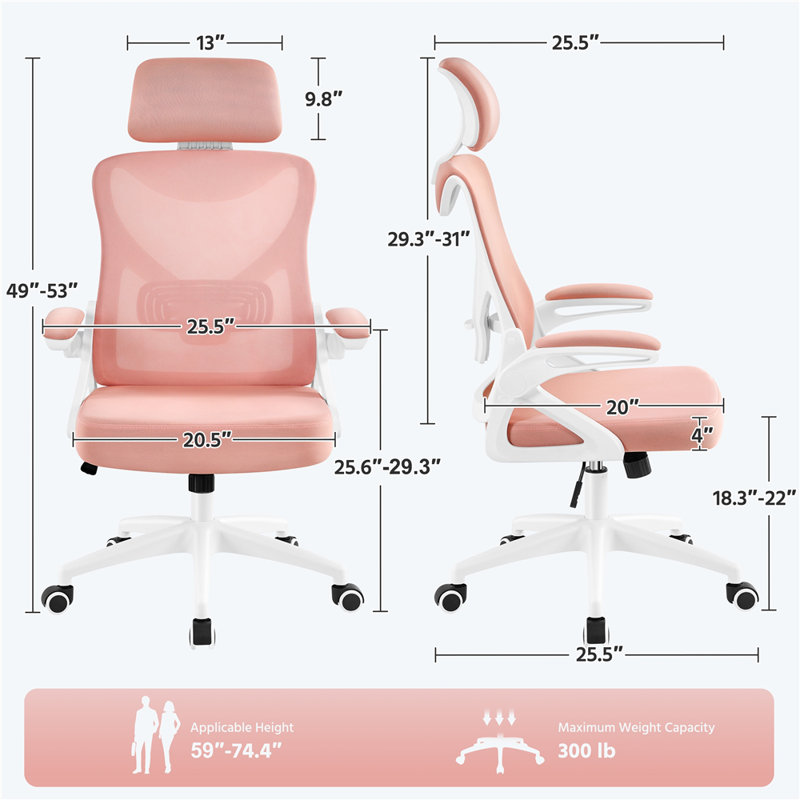 Joyti Ergonomic Task Chair with Headrest and Flip-up Armrest Lumbar, Pink, White