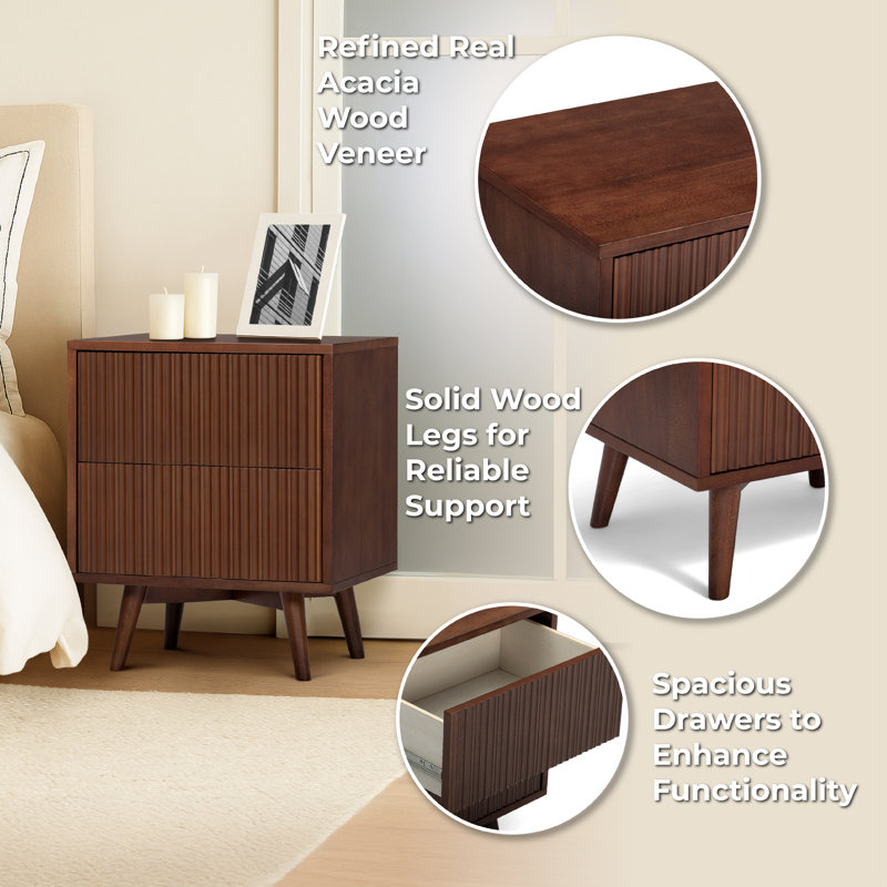 Tremolo Modern 2-Drawer Nightstand with Push-Open Fluted Fronts & Deep Bedside Storage for Bedroom, Walnut