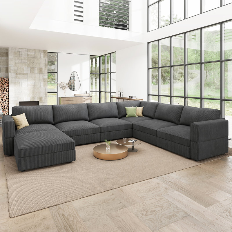 Bouley Corduroy U-Shaped Sectional Sofa, Gray Corduroy
