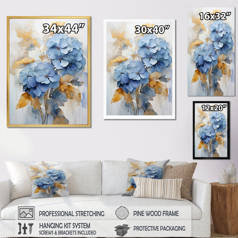 Bouquet d'éclat bleu et doré minimalisme, Cadre flottant noir, H 40 po x l 30 po x P 1,5 po
