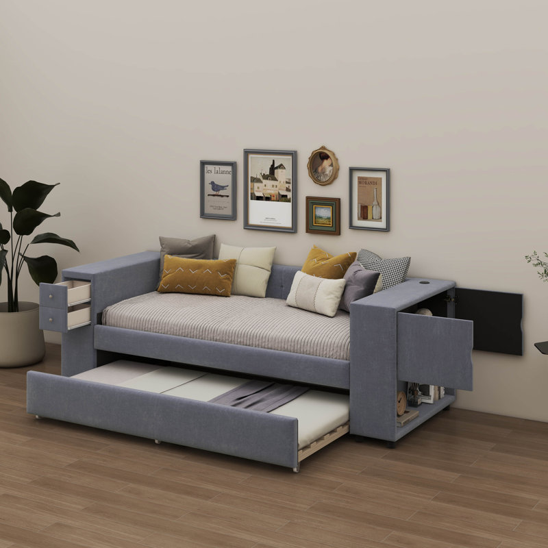 Lit simple tapissier avec lit gigogne pour un espace de sommeil supplémentaire, Gris