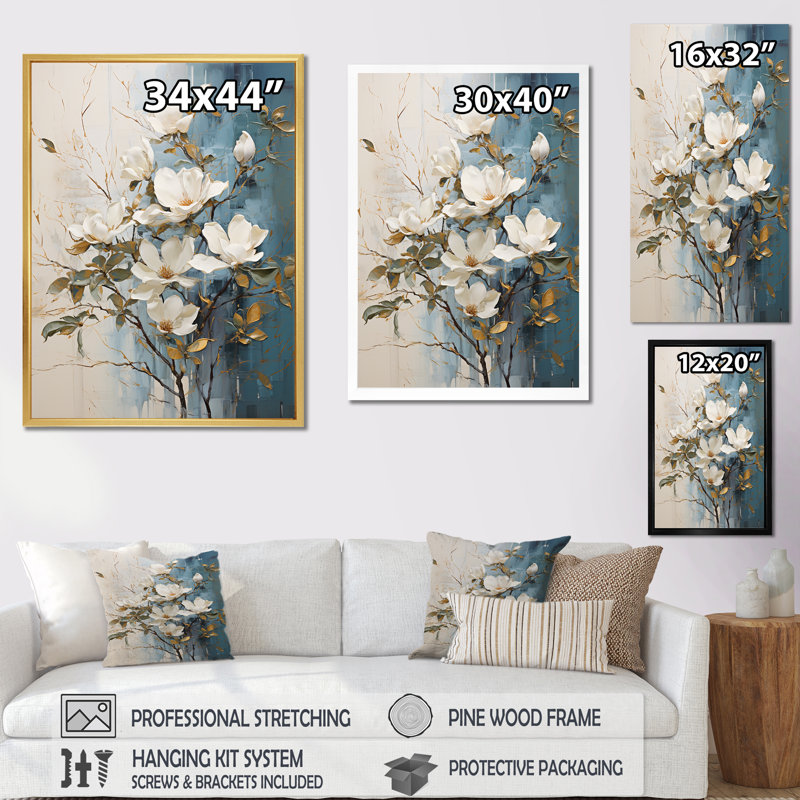 Fleurs de magnolias bleues et blanches Bloom III sur toile, Cadre flottant noir, 20" H x 12" W