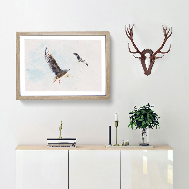 Pair of Flying Seagulls - Framed Print, Oak Framed, 45cm H x 63cm W x 2cm D