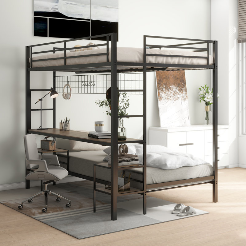 Kiryazov Full Over Twin Bunk Bed With Desk, Charging Station And Storage Shelves, Black, Brown