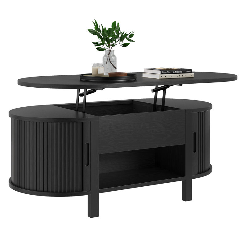 43.3'' W Oval Lift Top Coffee Table With Hidden Storage, Fluted Wood Center Table With Storage Compartment And Open Shelf