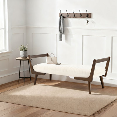 Mid - Century Modern Chenille Upholstered Bench, Beige Entryway Bench with Wooden Frame for hallways, bedroom, and living room