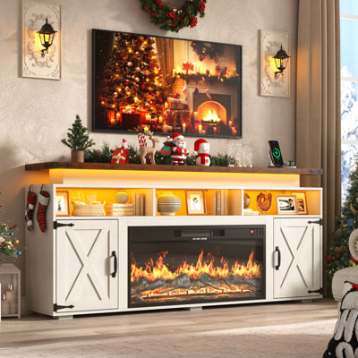 Meuble télé de style ferme avec foyer électrique de 91 cm (36 po) pour téléviseur de 75/80 po, centre multimédia de 81 cm (32 po) de hauteur avec éclairage DEL et prise de courant, console multimédia rustique avec porte de grange pour salon