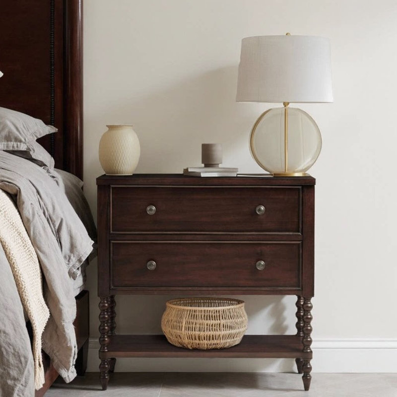 Commode décorative 36 po avec 2 tiroirs, pieds en bois massif tournés, tablette inférieure ouverte, 36 po, Brun