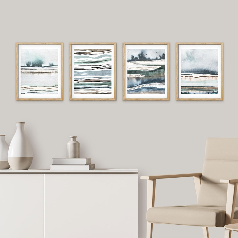 " Blue Pastel Paint Stroke Landscapes " 4 - Pieces, Natural, 16" H x 12" W