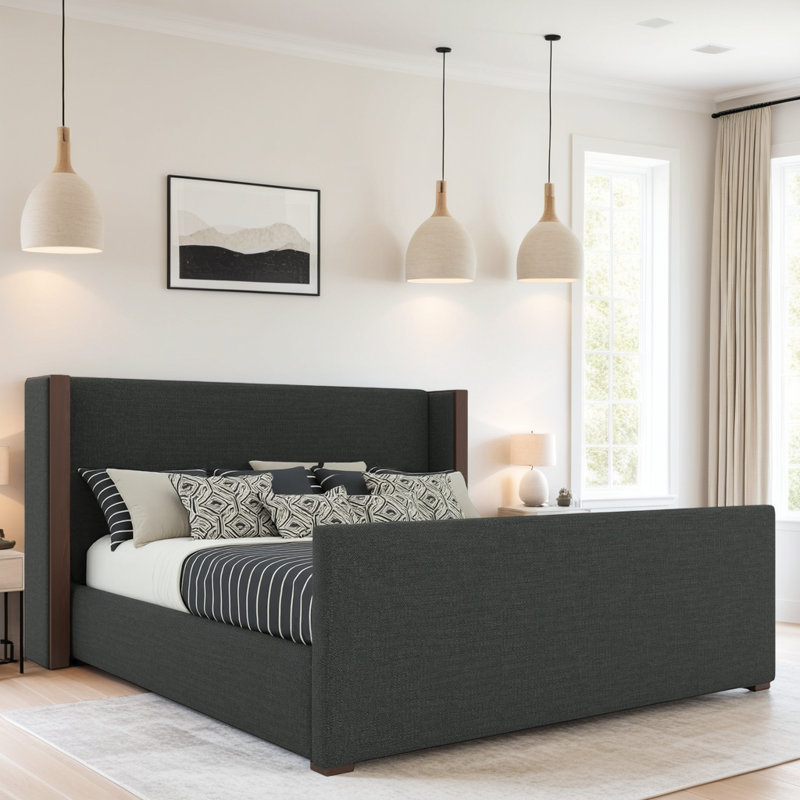 Lit bas tapissier Irenne, Très grand californien, Tissu performance Revolution Fabrics® gris anthra