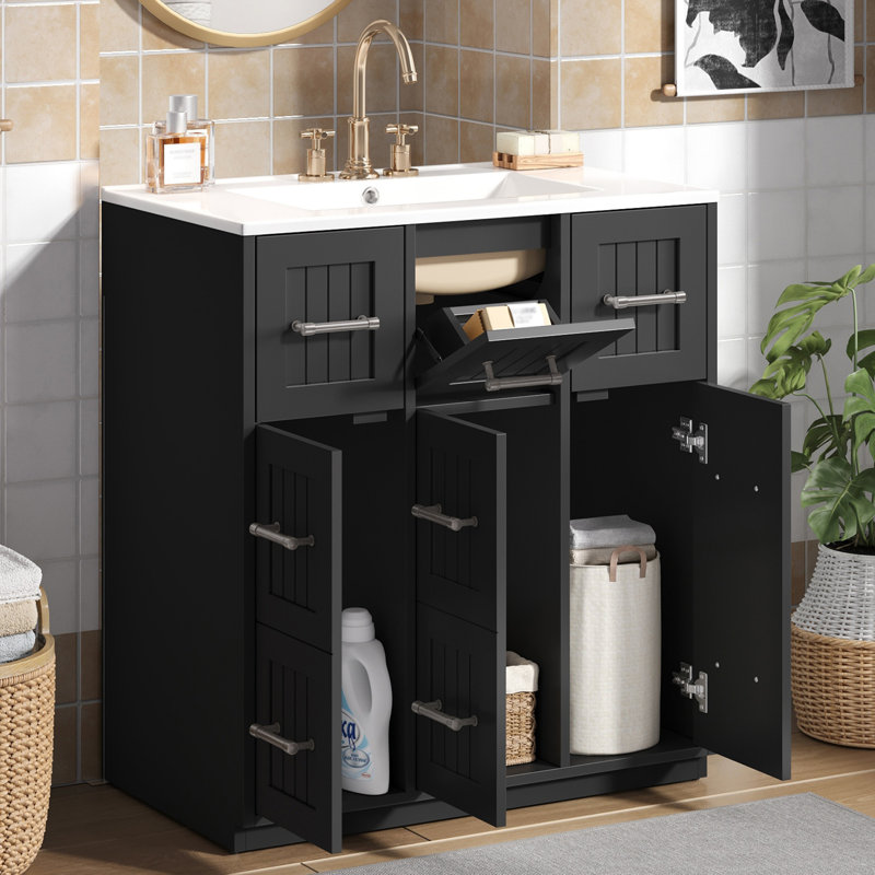 Meuble-lavabo moderne 30 po avec lavabo en céramique, Noir