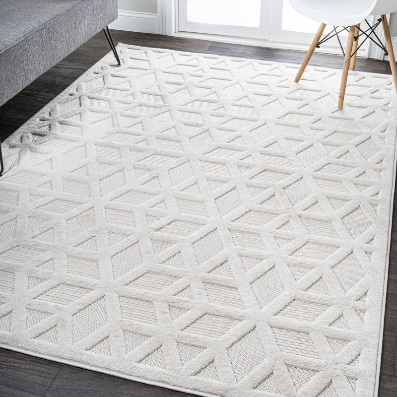 Raeshelle Neutral Geometric Ivory Indoor/Outdoor Rug, Rectangle 7'9" x 10'