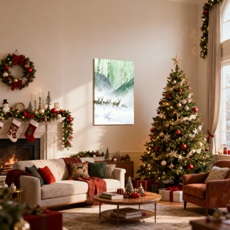 «Christmas Deer Herd In Misty Forest Landscape», ensemble de 3 impressions sur toile, H 18 po x l 12 po