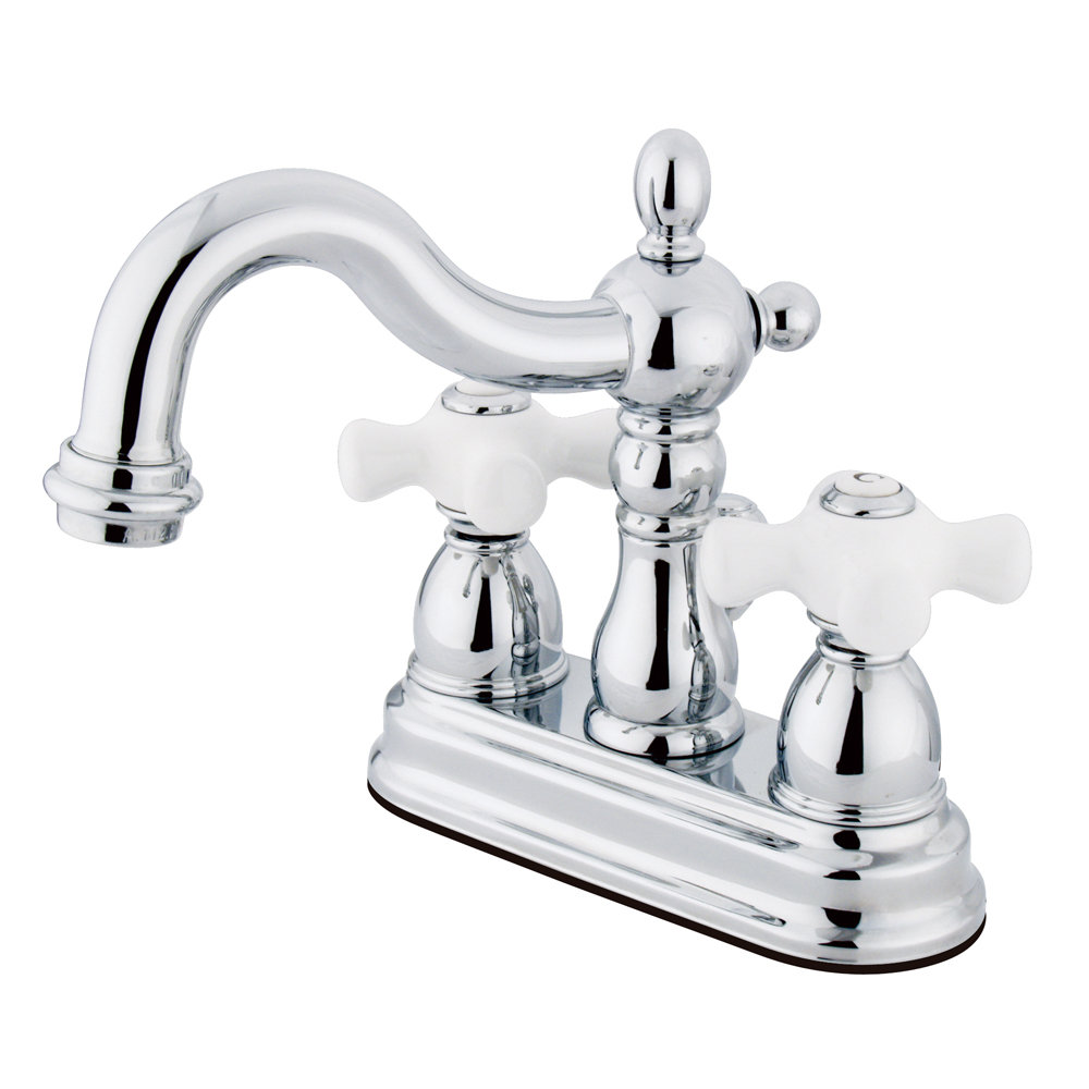 Kingston Brass Heritage Two-Handle 3-Hole Deck Mount 4" Centerset Bathroom Faucet with Plastic Pop-Up, Polished Chrome