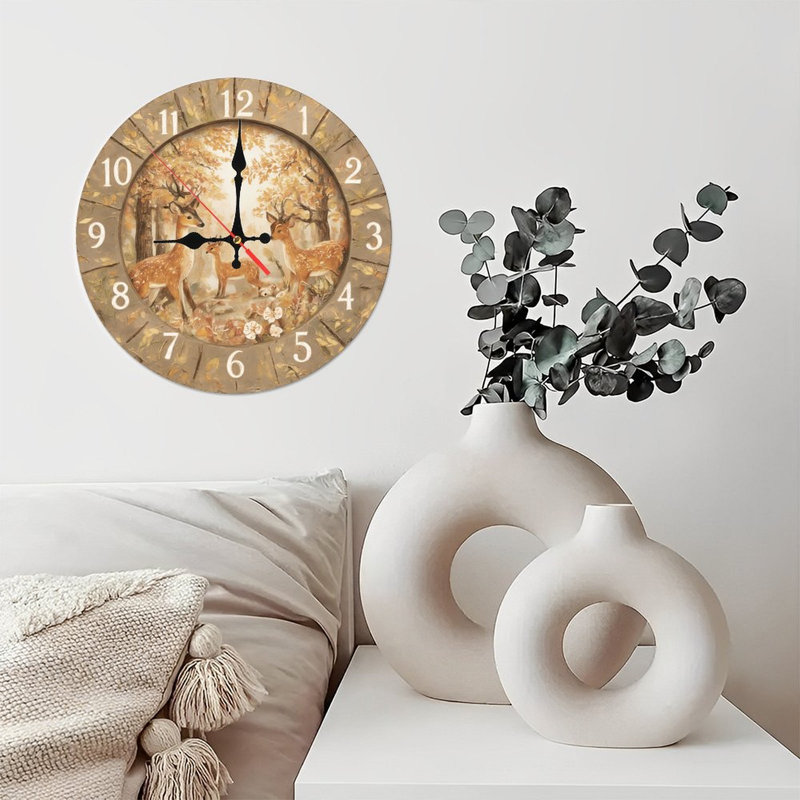 Clock With Autumn Deer Family Forest