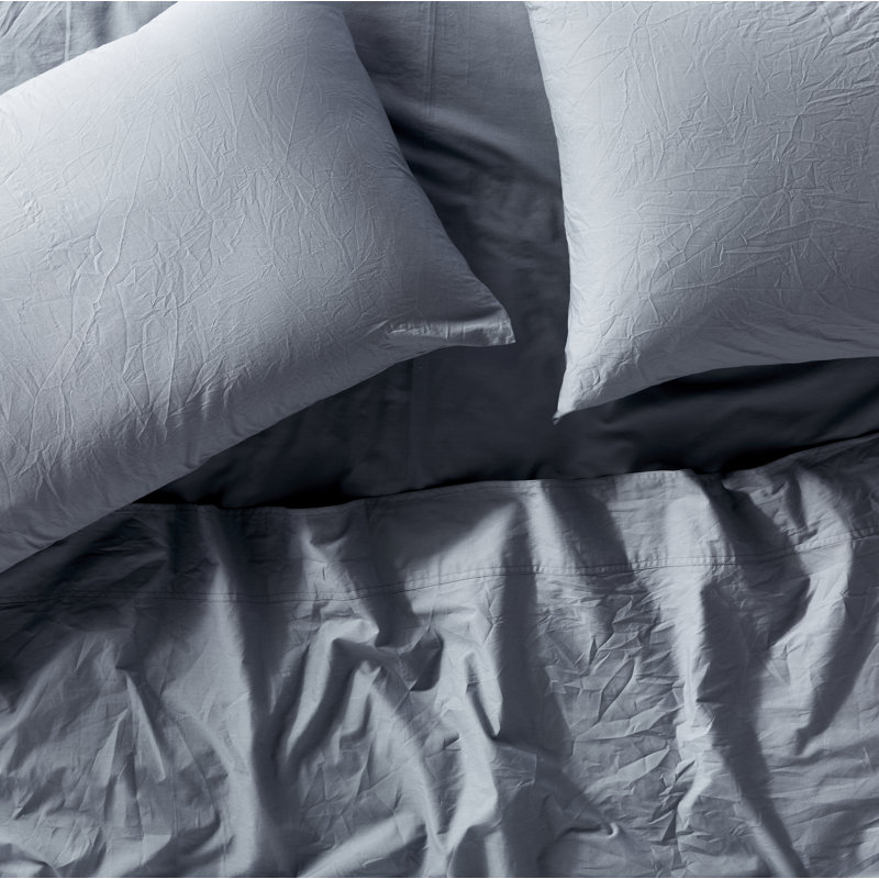 Organic Crinkled Percale Sheet Set, Twin Sheet Set with 1 Pillowcase, Steel Blue