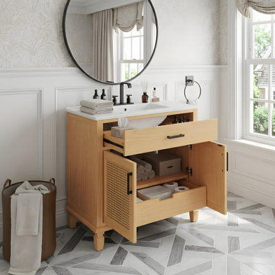 36" bathroom vanity with sink, soft-close doors, adjustable shelves, and drawers