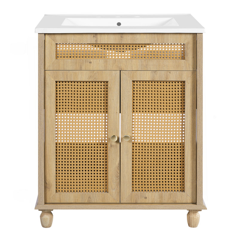 Meuble-lavabo de 30 pouces: portes en rotin tissé à la main, pieds en bois massif et lavabo en résine