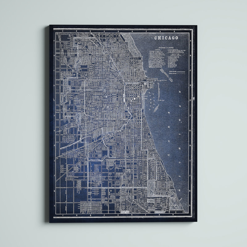 Chicago Sketch Map Blue Framed Canvas Wall Art
