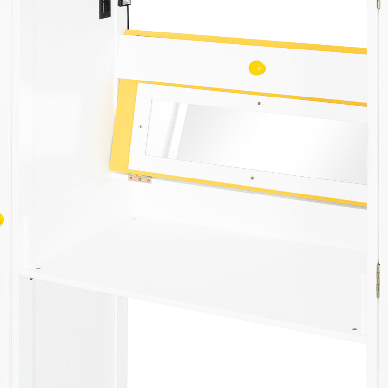 Lit mezzanine double avec escalier de rangement et sous-lit multi-zones, blanc et jaune. Escalier réglable, miroir intégré, chargement pour tablettes, tablettes latérales ouvertes, configuration de la commode