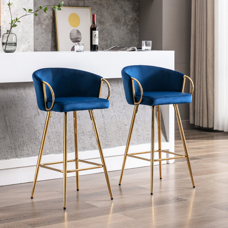 Tabouret de bar 26 po en velours bleu de 26 po avec 2 pieds dorés et repose-pieds