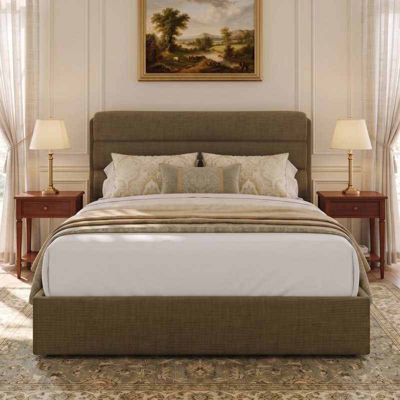 Lit plateforme tapissier avec rangement relevable, Très grand, Vert olive