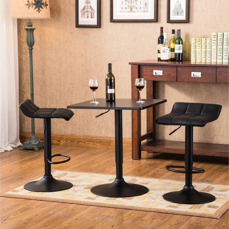 Table de bar carrée noire avec hauteur réglable et 2 tabourets pivotants en cuir en métal pour la maison