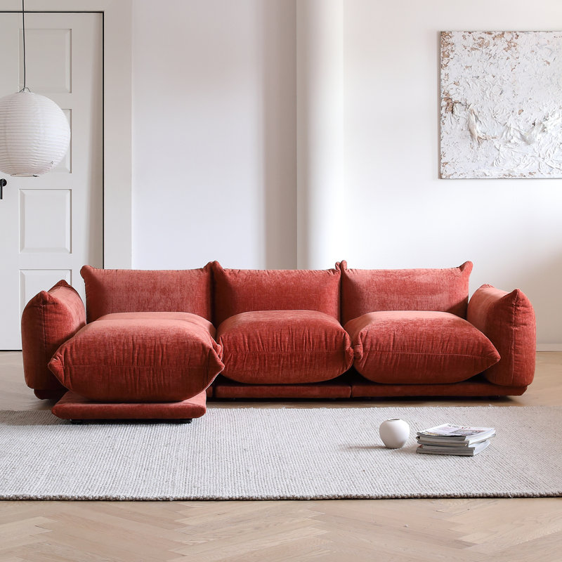Minarik 3-Seat Chenille Fabric Upholstered Sectional Sofa With Ottoman, Red Chenille, 25.2" H x 103.9" W x 38.58" D
