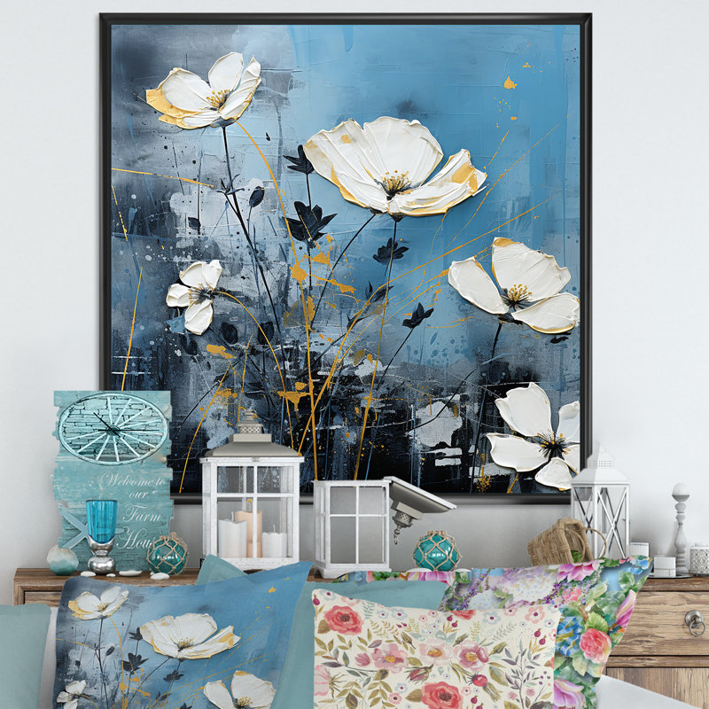 Minimalisme blanc sur fond blanc et bleu sur toile, Cadre flottant noir, H 36 po x l 36 po x P 1,5 po