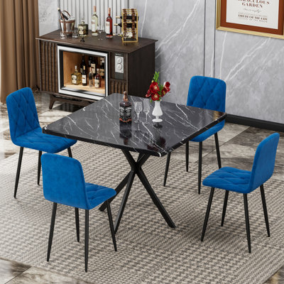 Table de salle à manger moderne pour 4 personnes - plateau en faux marbre, pieds en fer, peu encombrant, facile à nettoyer et à isoler