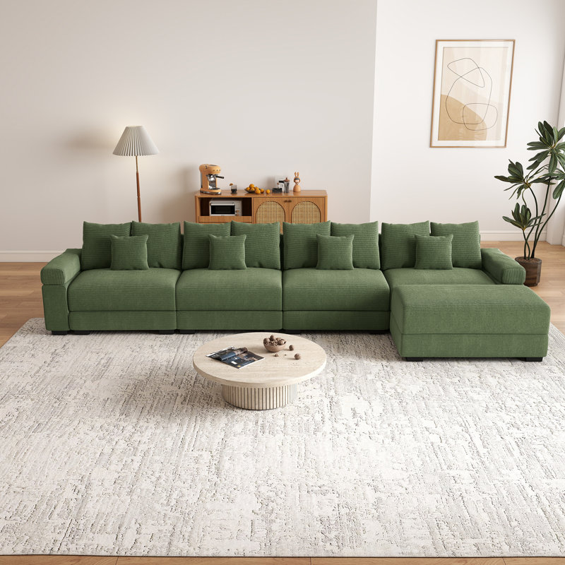 168" Modular L-Shaped Sectional Sofa With Ottoman, Green Corduroy