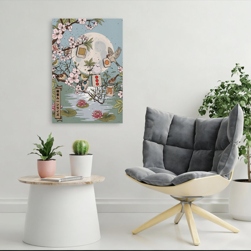 Moonlit Mahjong Birds Peaceful Abstract Contemporary Bird Cherry Lily Nature Spring Wall Art Print, 91.44cm H x 60.96cm W