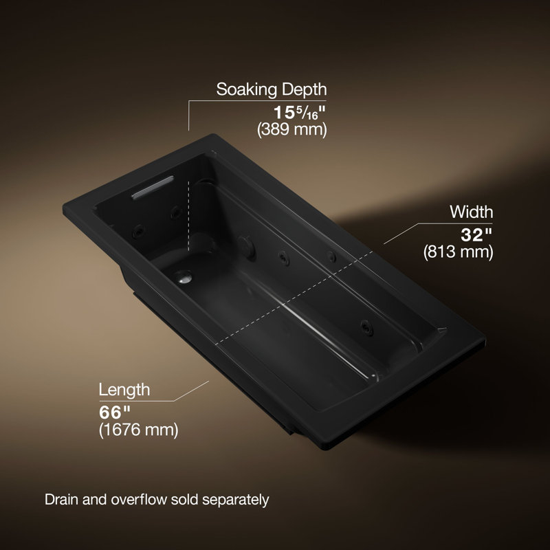 Archer 66" X 32" Drop-In Whirlpool Bath with End Drain and Heater, Black Black