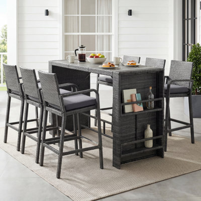 7-Piece Outdoor Bar-Height Wicker Patio Dining Set (Seats 6) with Storage Shelves, Bar Stools & Water-Resistant Cushions