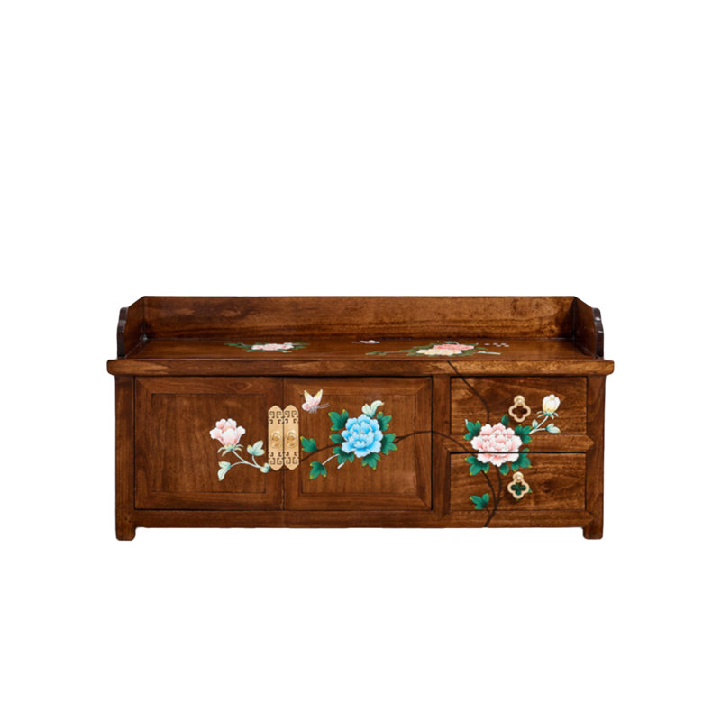 Solid Wood Hand-Painted Flower and Bird Pattern Shoe Storage Bench