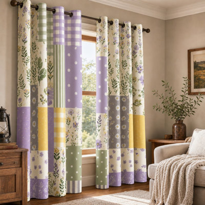2Pcs Patchwork Floral Gingham Polka Dot Curtains, Bohemian Farmhouse Style, Nursery Aesthetic Botanical Print Ring Top, Room Divider for Living for Home Dector