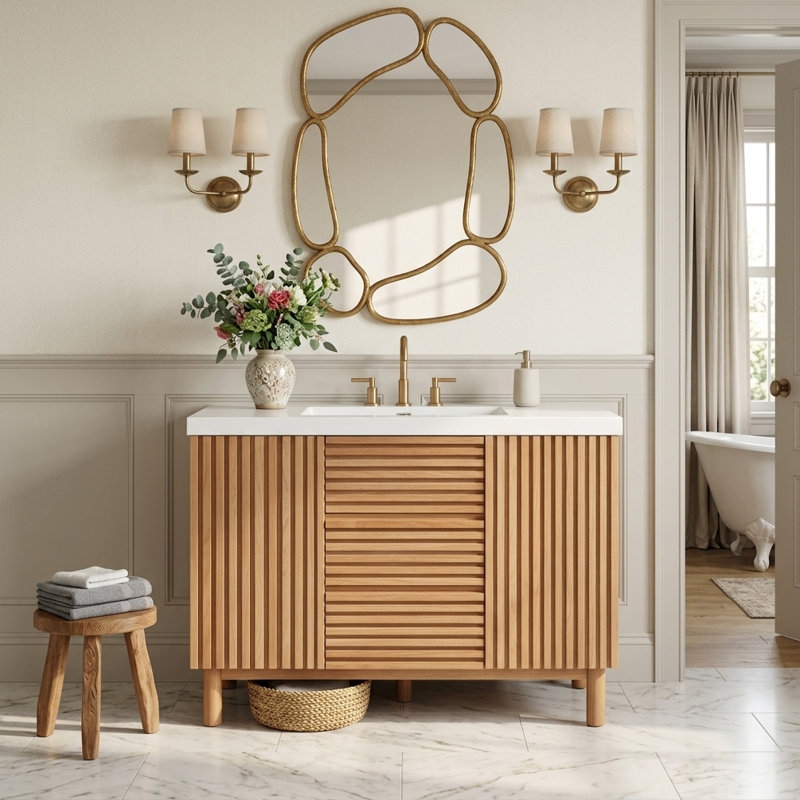 Meuble-lavabo simple de 120 cm avec lavabo en résine SMC, 3 tiroirs et rangement ajustable, design cannelé, style ferme moderne, salle de bain principale