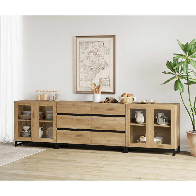 3 In 1 Multifunctional Sideboard Buffet Cabinets With Glass Doors And 6 Drawers, Modern Sideboard Credenza With Adjustable Shelf And Metal Base, Coffee Bar Cabinet Storage Cabinet
