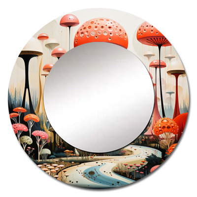 Colorful Mid Century Midcentury Mushroom Dreams II - Midcentury Modern Mirror, Mid-Century Modern Round Decorative Wall Mirror, Printed Metal Art