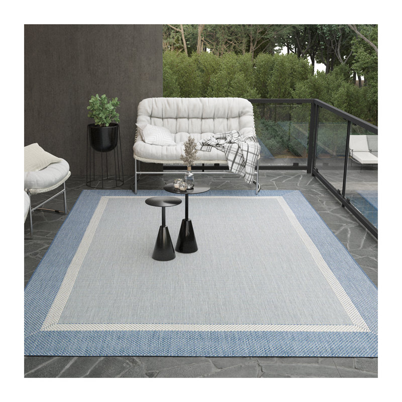 Tapis intérieur / extérieur bleu tissé à plat Alysha, Rectangle 8 pi 6 po x 13 pi, Ivoire / bleu