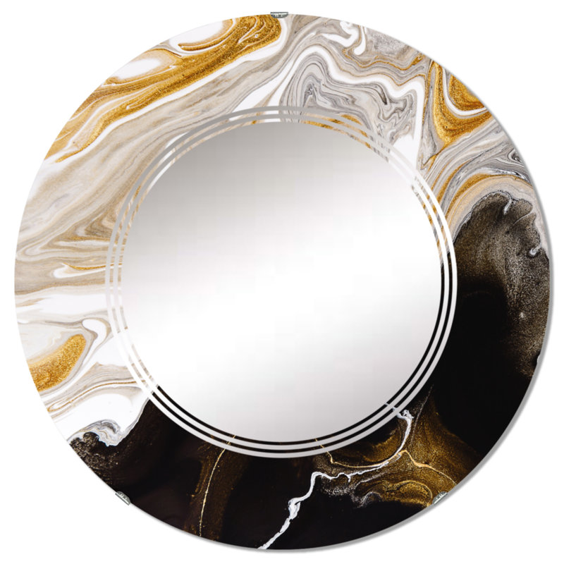 Miroir mural rond noir et blanc liquide Waves II, 32 po x 32 po