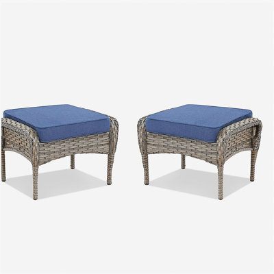Outdoor PE Wicker Ottomans Set of 2, Patio Gray Rattan Footrests with Blue Cushion for Backyard or Deck