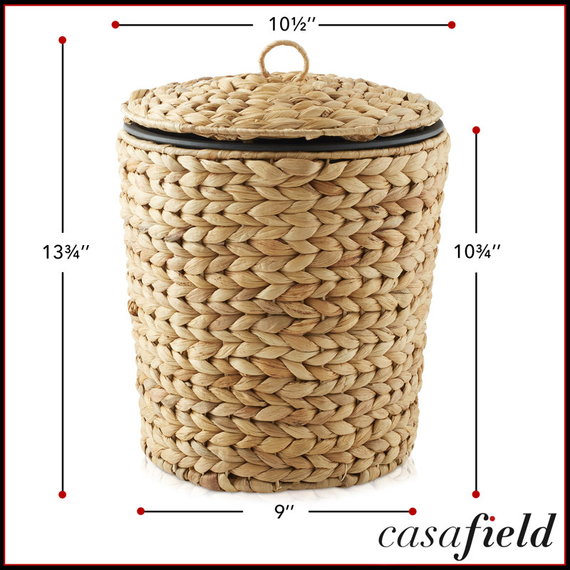 Water Hyacinth Waste Basket w Lid - Natural, Woven Bathroom Trash Can, Tan
